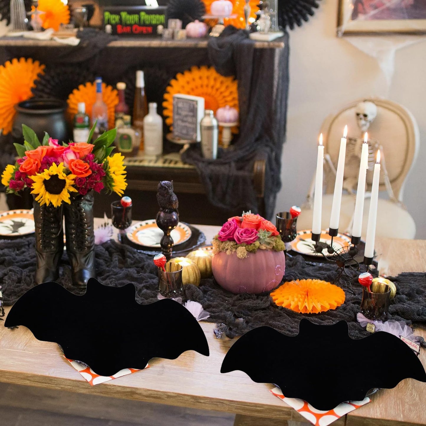 8 pcs Halloween Bat Placemats Set Black Non Slip Felt Placemats for Halloween Party Dining Table Decorative