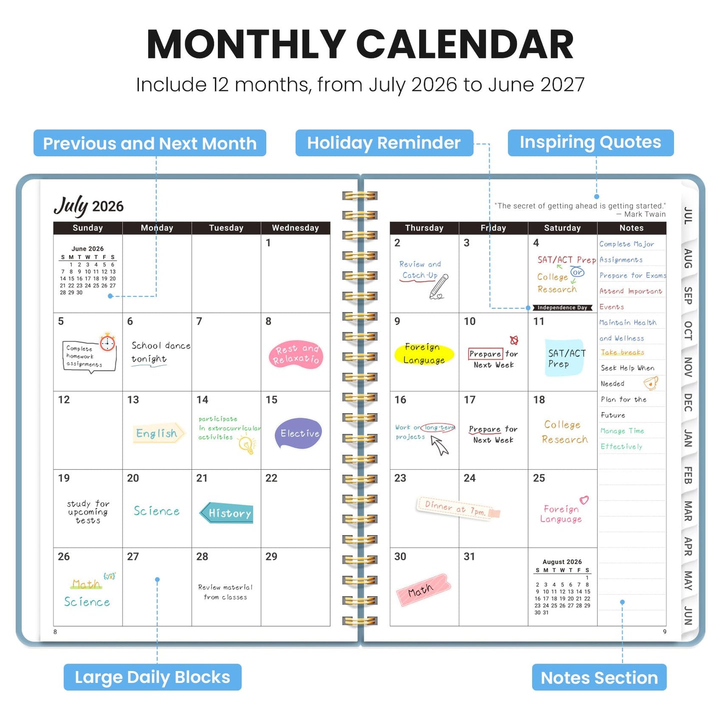 Academic Planner 2026-2027, Monthly and Weekly Calendar Planner, July 2026 - June 2027, Pretty Hardcover Teacher Student Planning Agenda Book with Tabs, Fit for School Office Supplies, 6.3" x 8.5", Spring Lattice