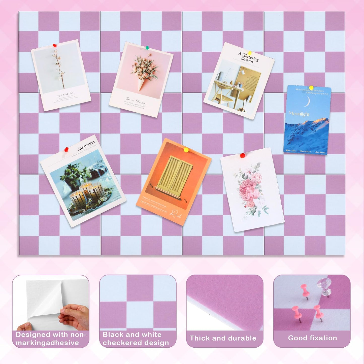 Geyoga 12 Pcs Felt Bulletin Board Tiles for Wall Classroom 12 x 12 Inch Checkered Classroom Wallpaper Backdrop Decor Racing Acoustic Wall Panels Self Adhesive for School Office Home(Pink)