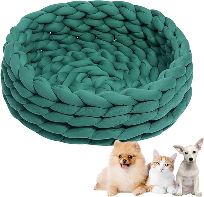 Woven Dog Bed Basket, Knitted Cotton Cat Bed Round Washable Woven Cat Pet Bed Chunky Dog Basket, Orthopedic, Chunky Knit Dog Nest,Dog Bed,Dog Cave,Dog Bedding(Green 1,19")