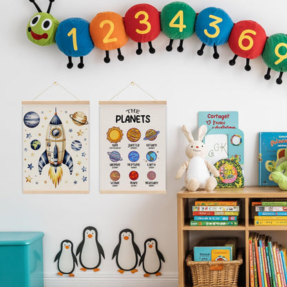 2PCS Solar System Poster Hanger, The Planets Classroom Decor,Outer Space Planets Poster Hanging Banner With Wooden Frames for Boys Girls Room Nursery Playroom Decorations 15.8x11.8 Inch