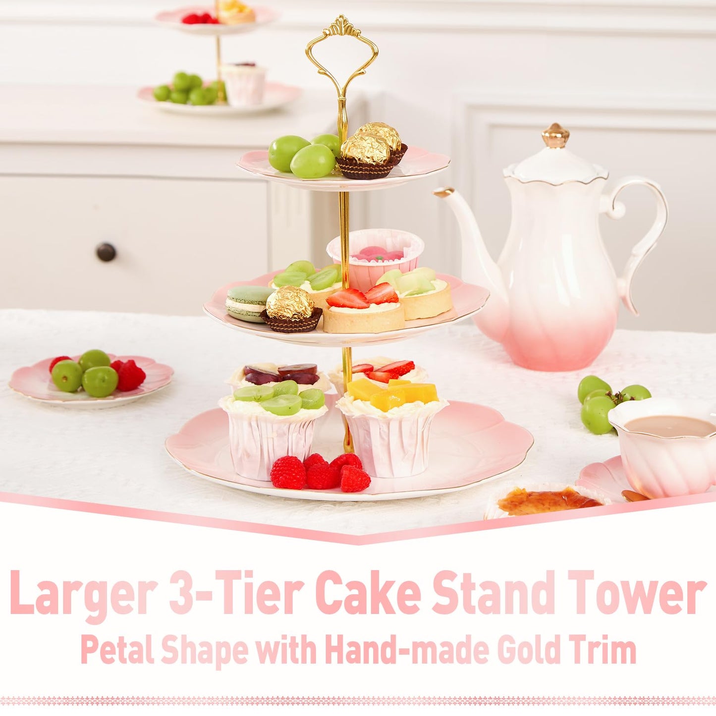 DUJUST Luxury Larger 3-Tier Cupcake Stand Tower, British Style Porcelain Serving Tray with Golden Trim, Food Grade Dessert Display Stand for Tea Party & Home Décor - 45% Gradient Pink Larger Plates