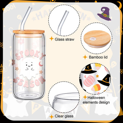 RimCereal 6 Pcs Pastel Pink Ghost Halloween Cup Bulk 16 oz Ghost Glass Mugs with Bamboo Lid and Straw Cute Spooky Skull Iced Coffee Can Tumbler Cute Halloween Stuff Gifts for Women Men Party Favors