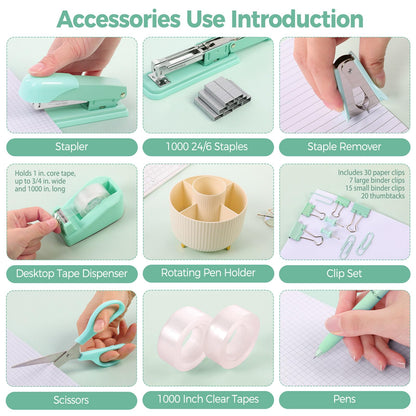 SKYDUE Teal Office Supplies Set, Office Desk Accessories 10Pcs, Pencil Holder for Desk, Stapler, Tape Dispenser, Scissors, Clips and 1000pcs Staples, School Supplies for Teacher