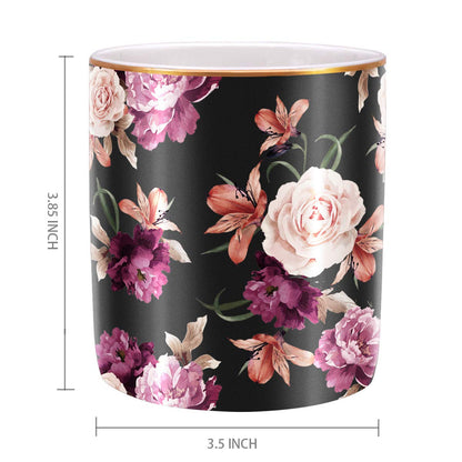 WAVEYU Pen Holder for Desk, Pencil Cup Holder, Cute Floral Makeup Brush Holder Durable Ceramic Flower Design Desk Pencil Organizer for Office, Classroom, Black