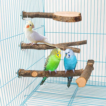 4 PCS Natural Wood Bird Perch Stand, Bird Parrot Perch Stand Set, Wooden Parrot Perch Stand Perch Platform Cage Accessories for Parrotlets Cockatiels Budgies Parakeets