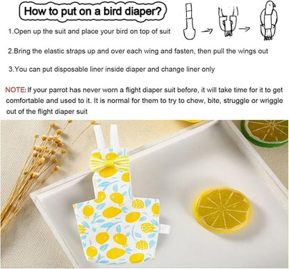 Bird Diaper Carrier Flight Suit Straps, Reusable Training Diaper Set Liners with Hook and Tow Eyes for Parrots and Cockatiels (Yellow LemonV, M)