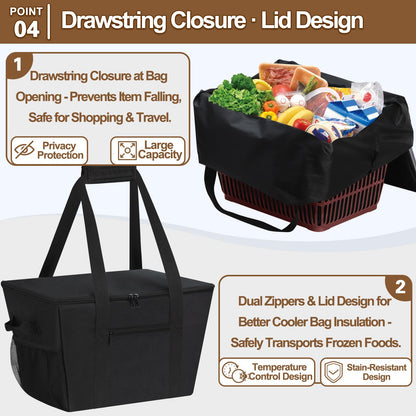 DSDCDJ Reusable Grocery Bag – Expandable Insulated Cooler Bag with Bottom Board, Collapsible Insulated Shopping Bag with Zipper & Drawstring, Heavy Duty Tote Bag for Shopping, Delivery, Picnic, Beach