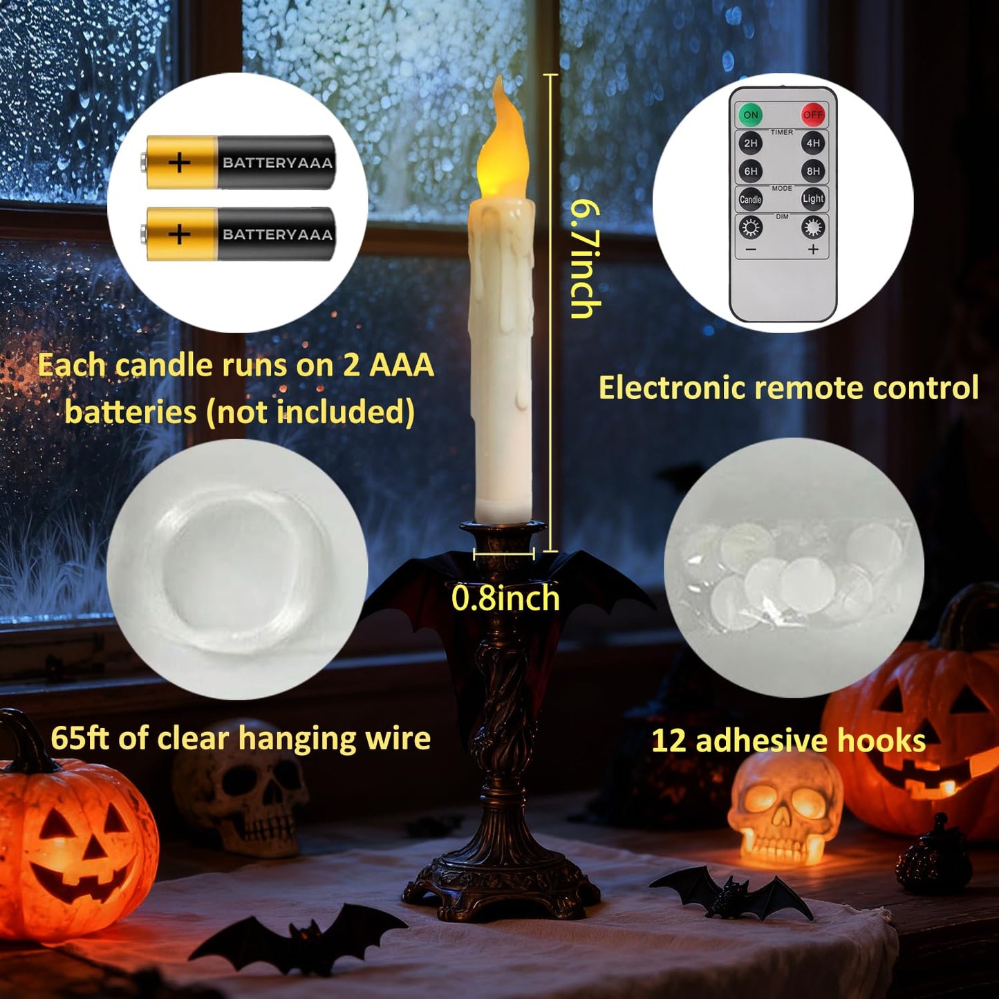 Floating Candles with Magic Wand Remote - 12 Pack Ivory Battery Operated Flickering Hanging Flameless LED Candle Lights,Realistic Taper Candles with String for Halloween,Christmas,Windows,Ceiling