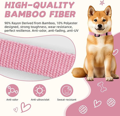 Pink Dog Collar and Leash Set for Small Dogs, Breathable, Anti-Odor & Soft, Comfortable for Sensitive Skin Puppies, 90% Bamboo Rayon, Adjustable Quick-Release Buckle Pet Collar for Chihuahuas Frenchie
