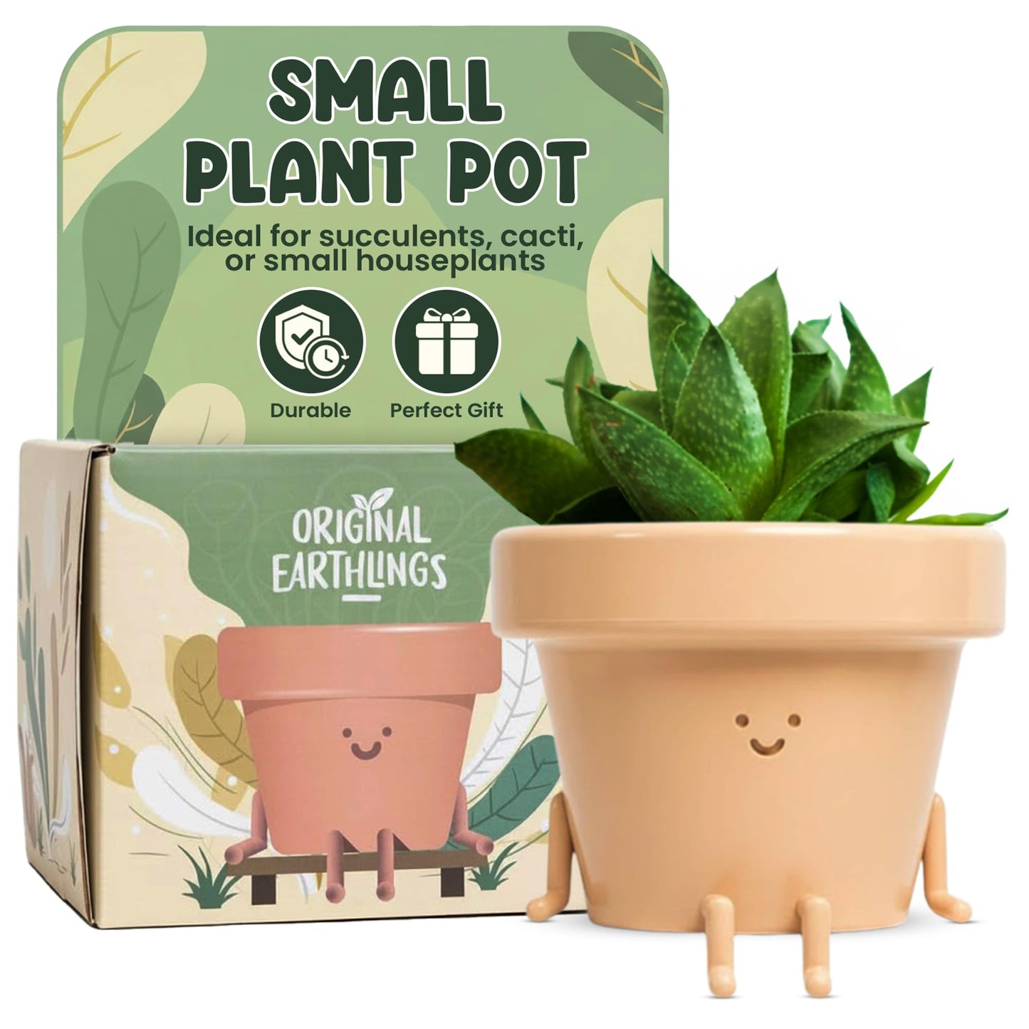 Original Earthlings Sitting Small Plant Pot - 4 Inch Cute Plant Pot - Succulent & Cactus Christmas Planters, Removable Drainage Plug, Cute Decor Plant Gifts for Plant Lovers, Teacher Gifts