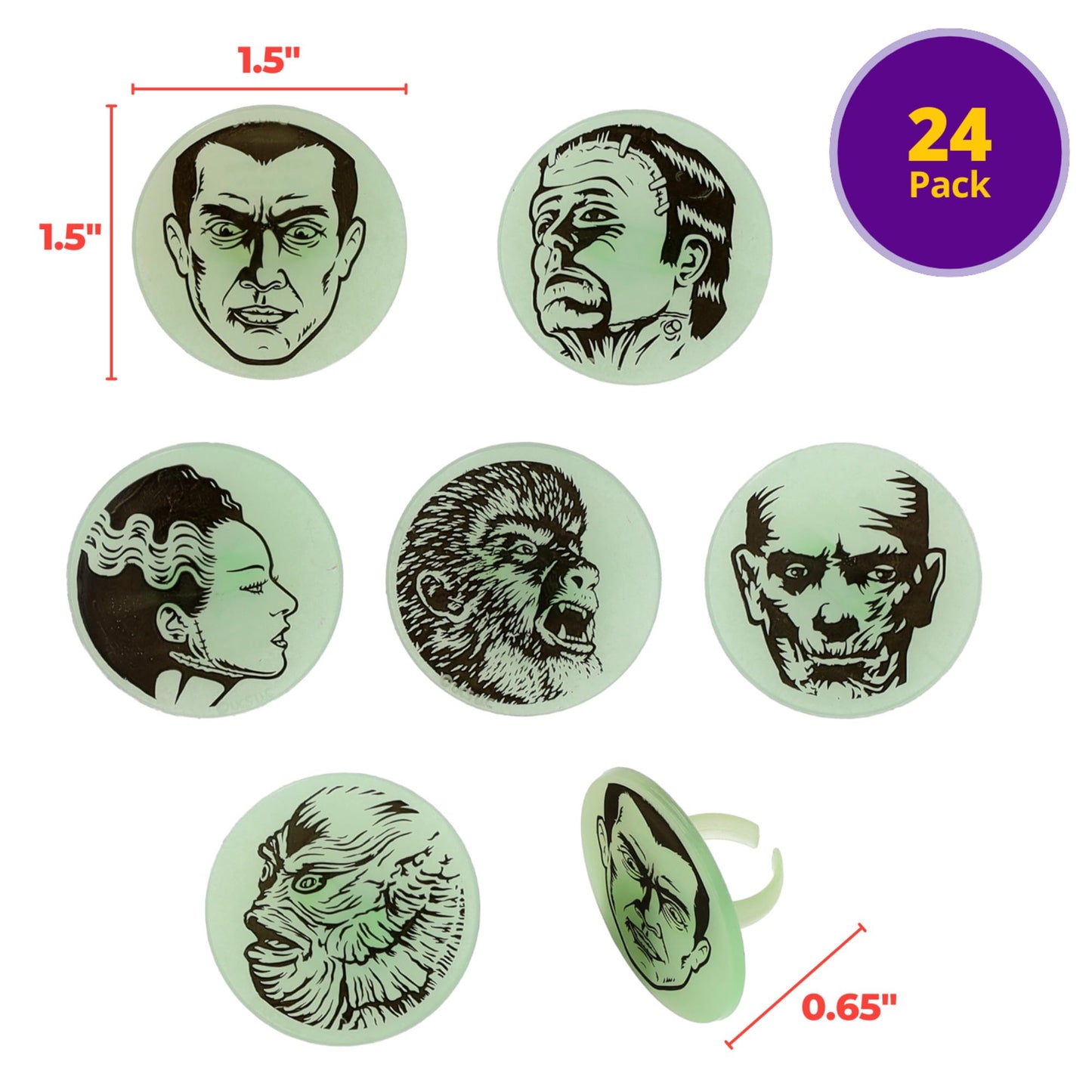 24 Universal Monsters Glow In The Dark Cupcake Rings, Halloween Cupcake Decorations, Including Dracula, Frankenstein, Wolf Man, The Mummy, Invisible Man, Food Safe Cupcake Toppers – 24 Pack