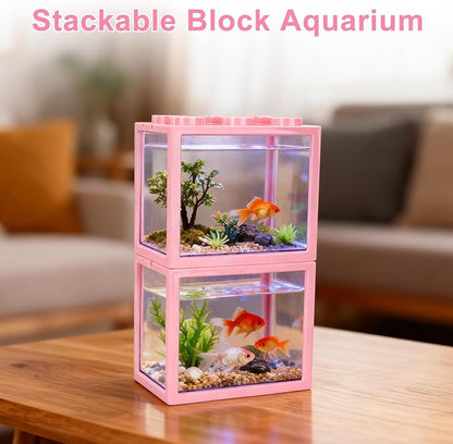 2 PCS Small Betta Fish Tank, 0.6 Gallon Mini Aquarium Tank, Pink Cube Fish Bowl, Desktop Stackable Tank for Small Fish, Insect, Shrimp, Turtle, Spider