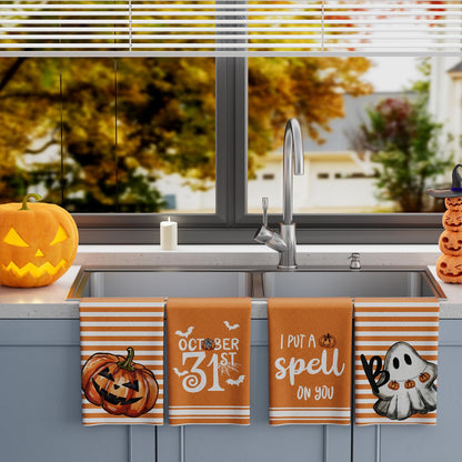 XCHI Halloween Stripes Pumpkin Ghost Boo Kitchen Towels Dish Towels 18x26 Inch Home Kitchen Decorations Hand Towels Set of 4 Drying Dishcloth