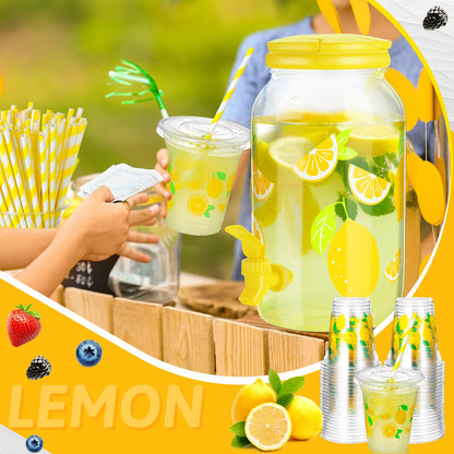 Umigy Lemonade Stand Supplies, 1 Gallon Plastic Drink Dispenser with Spigot, 100 Pcs 16 oz Lemon Disposable Plastic Cups with Lids and Straws, for Party Beverage Juice Ice Tea Beer(Lemon,Yellow)