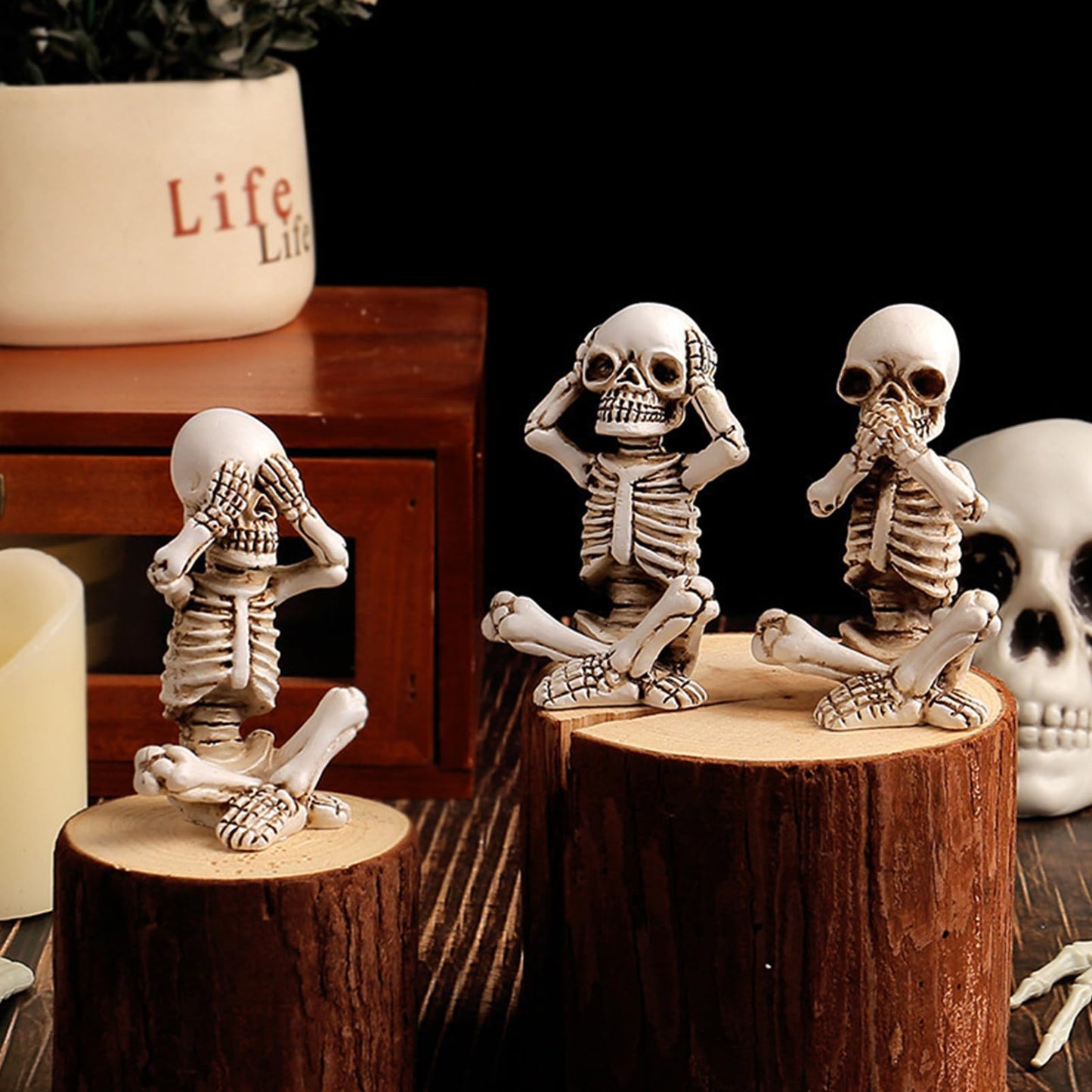 EMINGSKY 3 Pcs Halloween Skull Figurine Hear See Speak No Evil Baby Skeleton Figurine 4.8 Inch Resin Home Decor for Cemetery Desk Bookshelf Office
