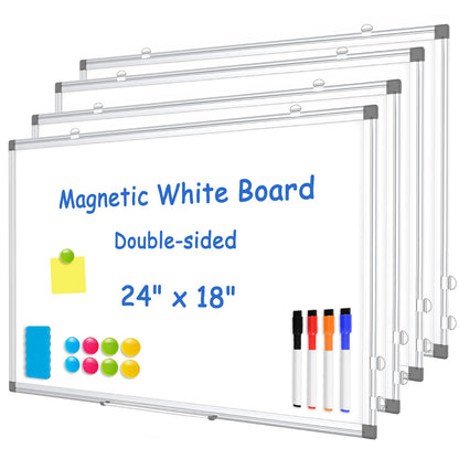 WALGLASS 4 Pack White Board, 24" x 18" Double-Sided Dry Erase White Board for Wall, Hanging Mounted Whiteboard, Horizontal or Vertical Silver Aluminium Frame for Home, School, Office, Kitchen