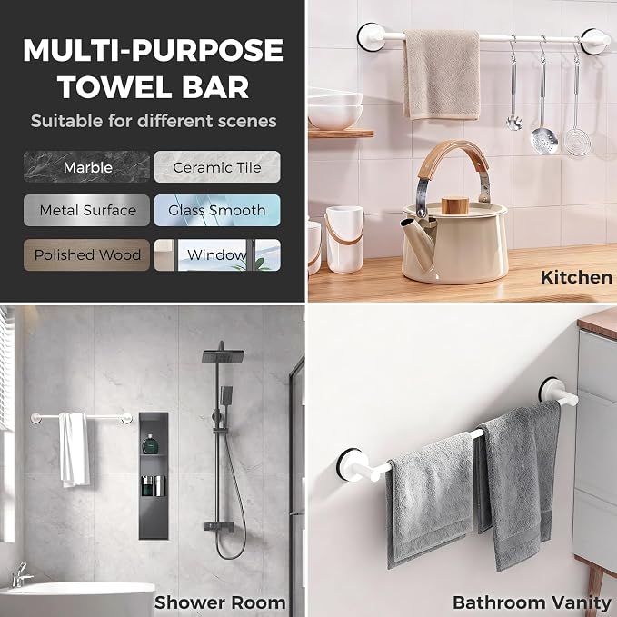 Adjustable Suction Cup Towel Bar for Bathroom Wall,14.6Inch~24 Inch Towel Racks for Bathroom,Stainless Steel Bath Towel Holder for Shower(Matte White)