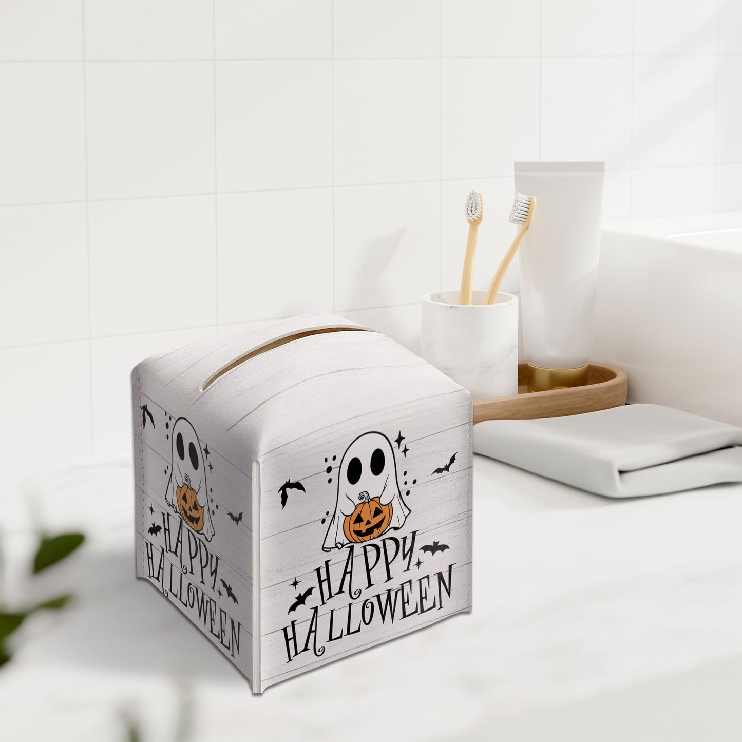 Happy Halloween Tissue Box Holder, Ghost Pumpkin Leather Tissue Box Cover Square, Cute Facial Paper Organizer Dispenser Toilet Paper Holder Decor for Bathroom Kitchen Office Home Accessory-A03