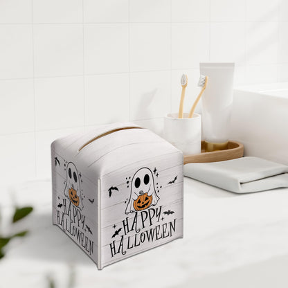 Happy Halloween Tissue Box Holder, Ghost Pumpkin Leather Tissue Box Cover Square, Cute Facial Paper Organizer Dispenser Toilet Paper Holder Decor for Bathroom Kitchen Office Home Accessory-A03