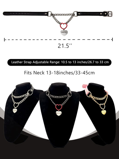 paloli Leather Slip Chain Choker – Adjustable PU Vegan Collar With Heart Ring & Cuban Chain, Letter Heart Pendant Necklace for Women