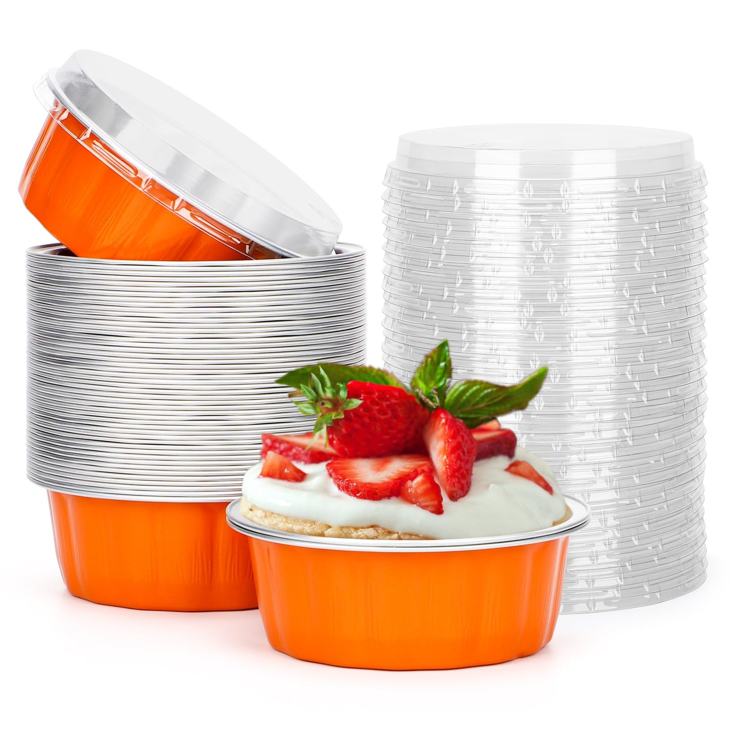 Beasea Disposable Ramekins for Baking, 8 oz 50 Pack Aluminum Foil Cups with Lids, Disposable Creme Brulee Muffin Cupcake Baking Cup Mini Pudding Cups for Party Wedding Birthday - Orange