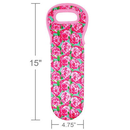 allydrew Insulated Neoprene Wine Tote, One Bottle, Pink Roses