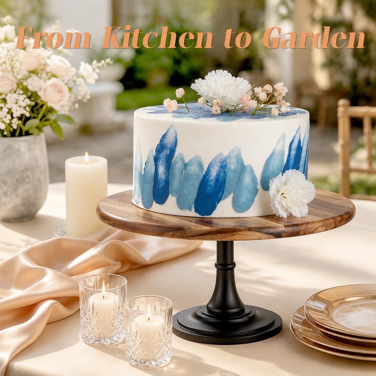 NUPTIO Cake Stand Cupcake Display: Wedding Cup Cake Pedestal Stands Round Acacia Wood Dessert Riser Cookie Serving Tray Vintage Pie Plate Holder Farmhouse Halloween Christmas 11.81 Inch/30cm