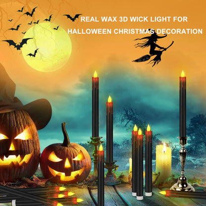 wemarry Flameless Taper Candles 10.6" Dripless Battery Operated Taper Candles Included Remote Timer 400+ Hours by 2AA Batteries for Halloween Christmas Wedding (Black+Burgundy, 6 Pack)