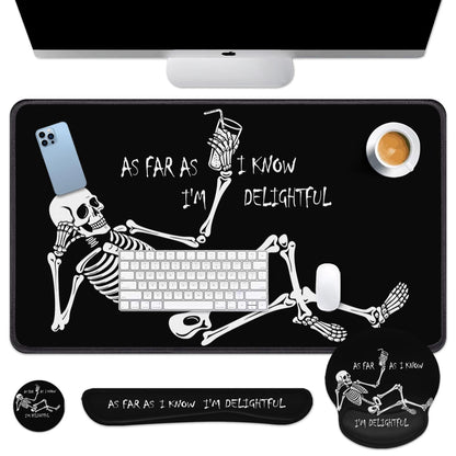 Britimes Black Skull Skeleton Keyboard Mouse Pad Set 4in1 Large Mousepad+Keyboard Wrist Rest+Mouse Wrist Rest+Coaster Set with Ergonomic Design for Home Office Computer 35.4x15.7 inches