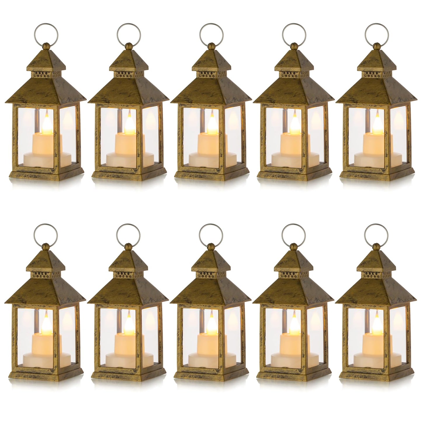 Romadedi Mini Lanterns Decorative for Centerpiece -10 PCS Hanging Small Gold Lantern Bulk with Flickering LED Candles for Wedding Table Decor Halloween Decorations Christmas, Batteries Included