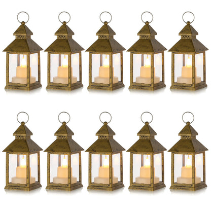 Romadedi Mini Lanterns Decorative for Centerpiece -10 PCS Hanging Small Gold Lantern Bulk with Flickering LED Candles for Wedding Table Decor Halloween Decorations Christmas, Batteries Included