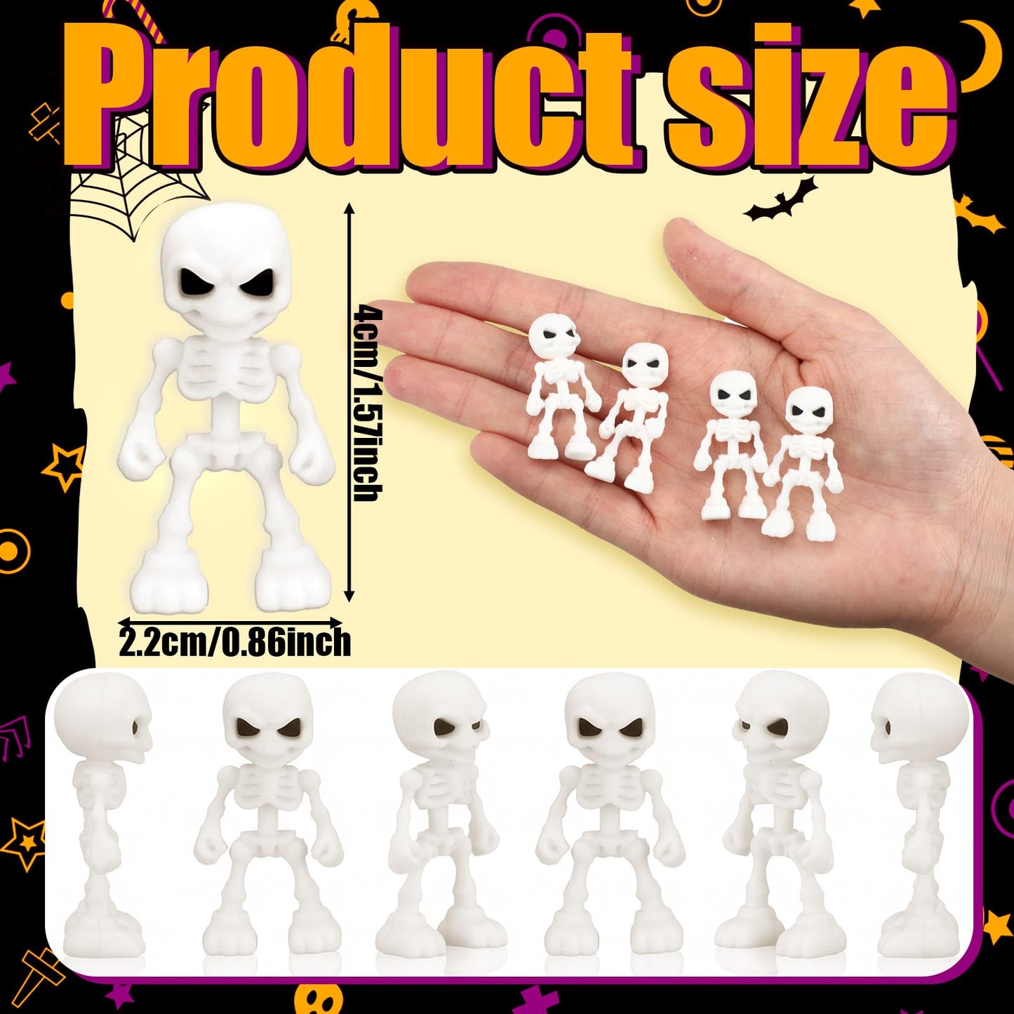 Junkin 100 Pcs Halloween Mini Skeleton Figures Tiny Skulls Cute Design Soft Rubber Skeleton Decorations Miniature Skulls Figures Ornaments for Indoor Fireplace Haunted House Accessories Party
