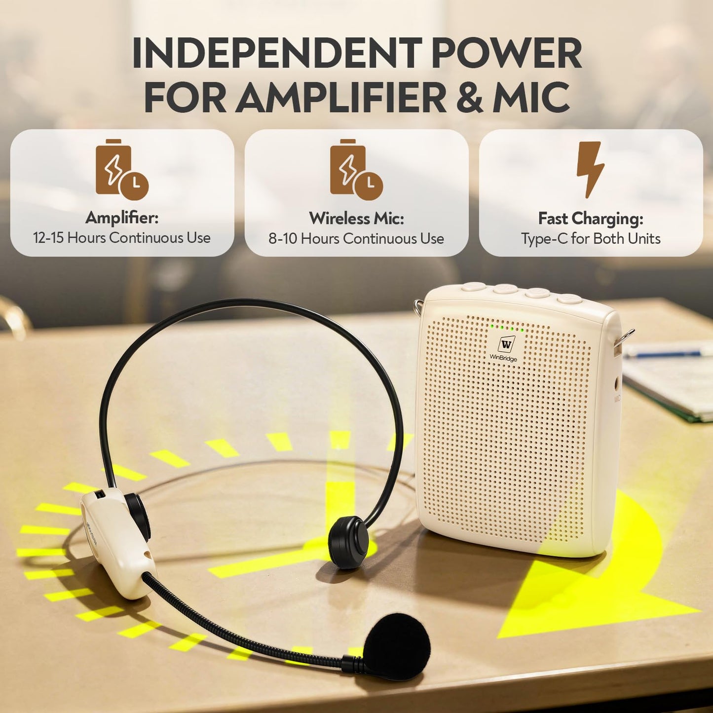 WinBridge Bluetooth Voice Amplifier - 15W Wireless Headset Mic, Portable PA System for Classroom/Elderly, Speaker and Microphone for Teachers, Tour Guide, Soft-Spoken People, WB002 Beige