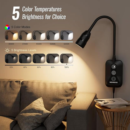 Wall Mounted Reading Light with Hand Sweep Sensor Switch, Book Light for Reading with USB Output, 5 Color & Brightness Dimmable Wall Lights for Bedroom, Wall Lamp with Flexible Neck-Black 2 Pack