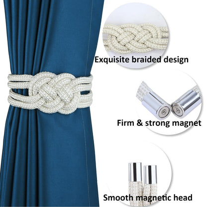 HedongHexi 2 Pack Magnetic Curtain Tiebacks, Hand Weave Rope Knot Decorative Curtain Holdbacks for Home & Office Thin Window Drapery (Beige,2P)