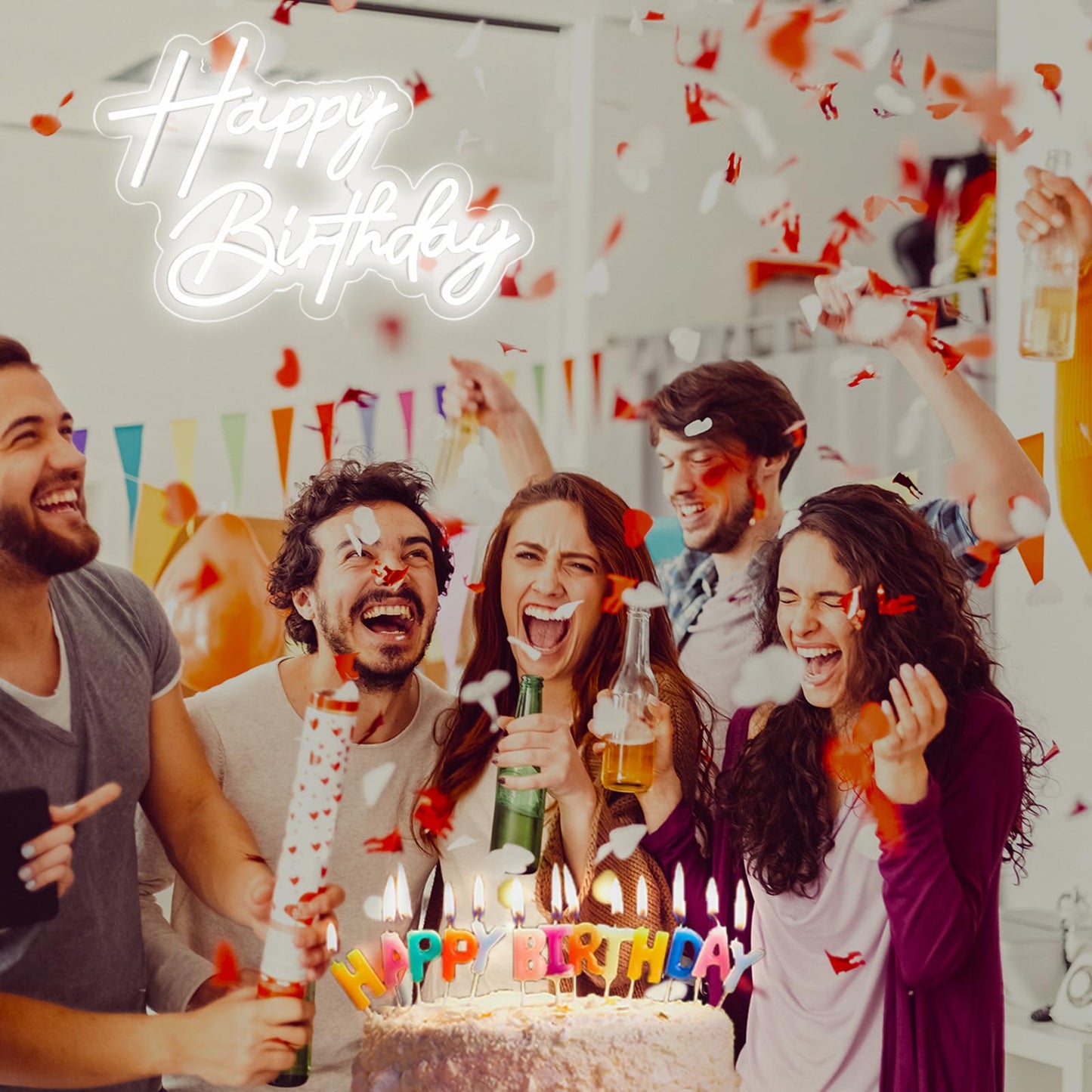 Happy Birthday Neon Sign for Wall Decor, Warm White LED Neon Light Signs, Art Decoration Happy Birthday Neon Light Sign for All Birthday Party Decoration with 2 Pcs Pasters (17×12 Inch)