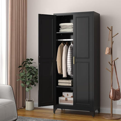 SteeLoong Metal Wardrobe Cabinet with Hanging Rod, 71" Tall Armoire Wardrobe Closet with 2 Doors and Adjustable Shelves, Black Clothing Storage Cabinets for Bedroom, Laundry Room, Cloak Room
