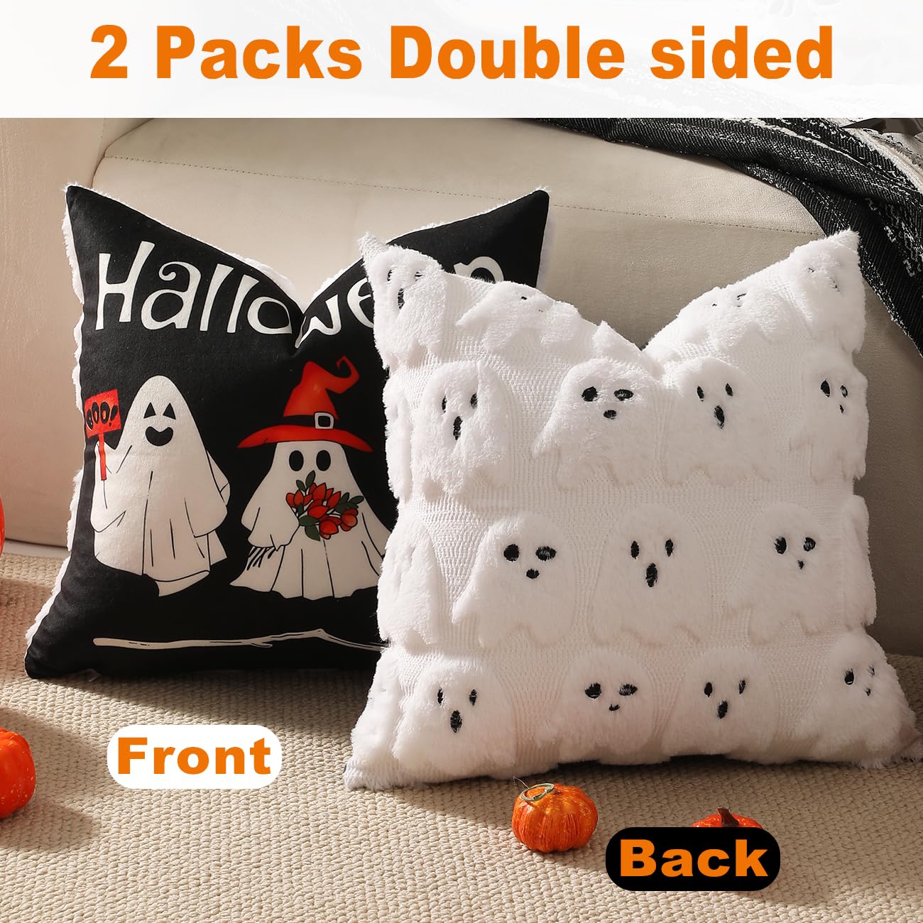 TOYPOPOR Halloween Decorations, 2 Packs Double Sided Ghost Pillow Covers, Soft Faux Fur Throw Pillow Cases, Indoor Outdoor Couch Cushion Case for Fall Autumn Bedroom Living Room Home Decor 18''x18''