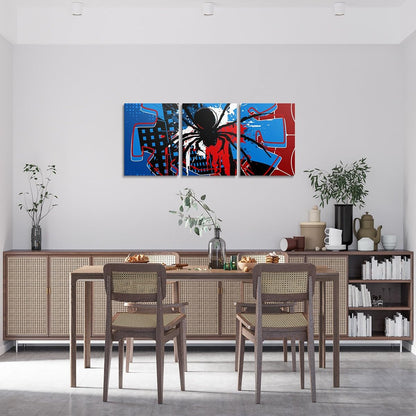 Spider Web Canvas Wall Artwork Decor,Spider Arachnid Insect Animal Wall Painting,Boys Girls Men Room Decor,Modern Block Halloween Poster Pictures,Red Blue Unique 3 Pieces Framed Canvas Wall Art