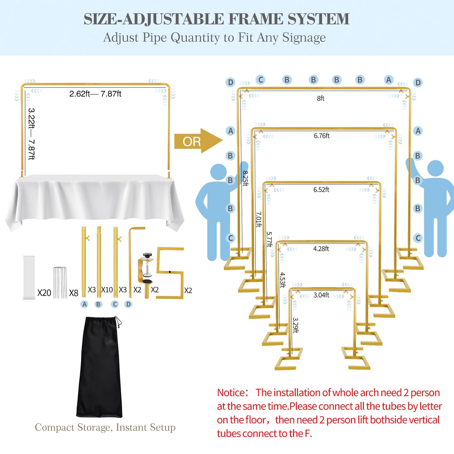8.2FT Square Wedding Arch Backdrop Stand,Balloon Arch Stand, Metal Gold Backdrop Adjustable Stand Heavy Duty, Extra 2 Clamps Change Over The Table Rod Stand for Party Decoration,Garden Trellis Frame
