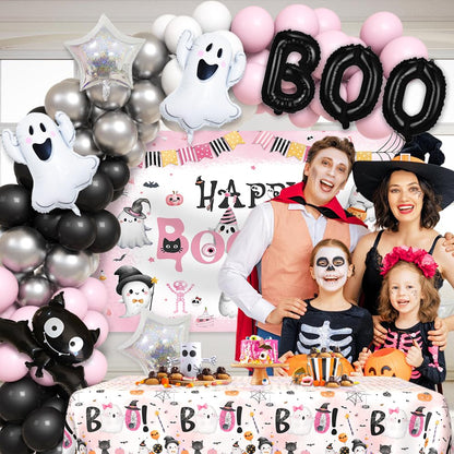 AIBIIN 113pcs Pink Black Halloween Birthday Party Decorations Halloween Happy Boo Day Party Kit With Happy Booday Banner Little Boo Balloon Garland Kit Ghost Birthday Party Tablecloth