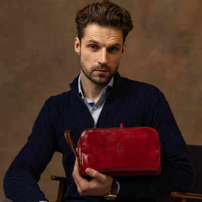 Time Resistance Leather Cosmetic Bag - Italian Toiletry Dopp Kit (Red)