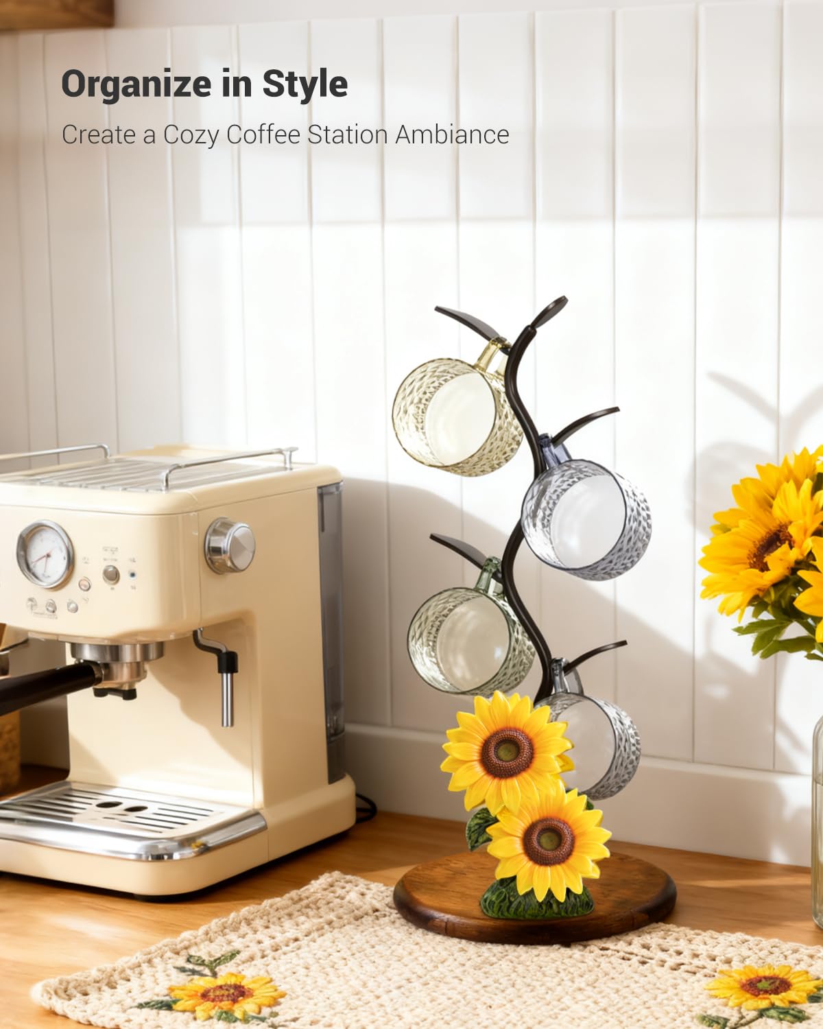 GAJ Sunflower Mug Tree Coffee Cup Holder, Countertop 3D Yellow Flower Coffee Bar Decor, Wooden Base Mug Stand Holds 4 Cups, Farmhouse Kitchen Organizer, Gifts for Women Mom Grandma