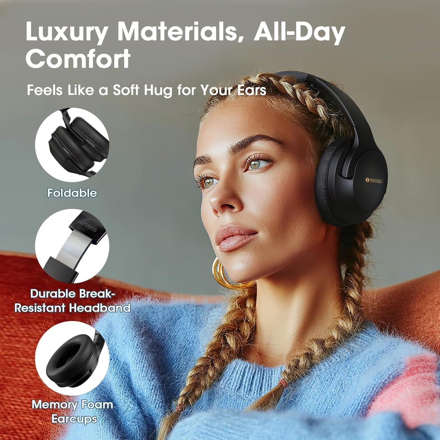 YUMONDEAR Bluetooth Headphones Over Ear, 80 Hrs Playtime Wireless Headphones with ENC Mic, Deep Bass EQ, Foldable Comfort for Travel, Gym & Commuting, Stocking Stuffers