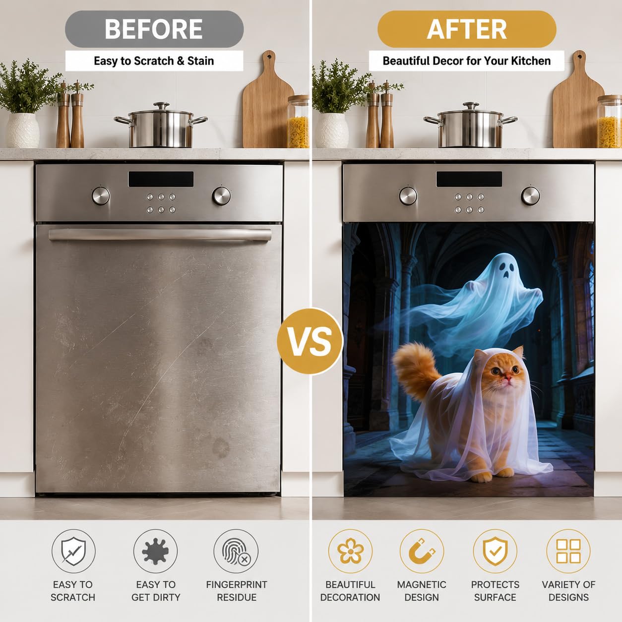 Halloween Ghost Cat Dishwasher Cover Magnet,23.03 x 25.59 in,Dishwasher Magnetic Cover for Kitchen Decor