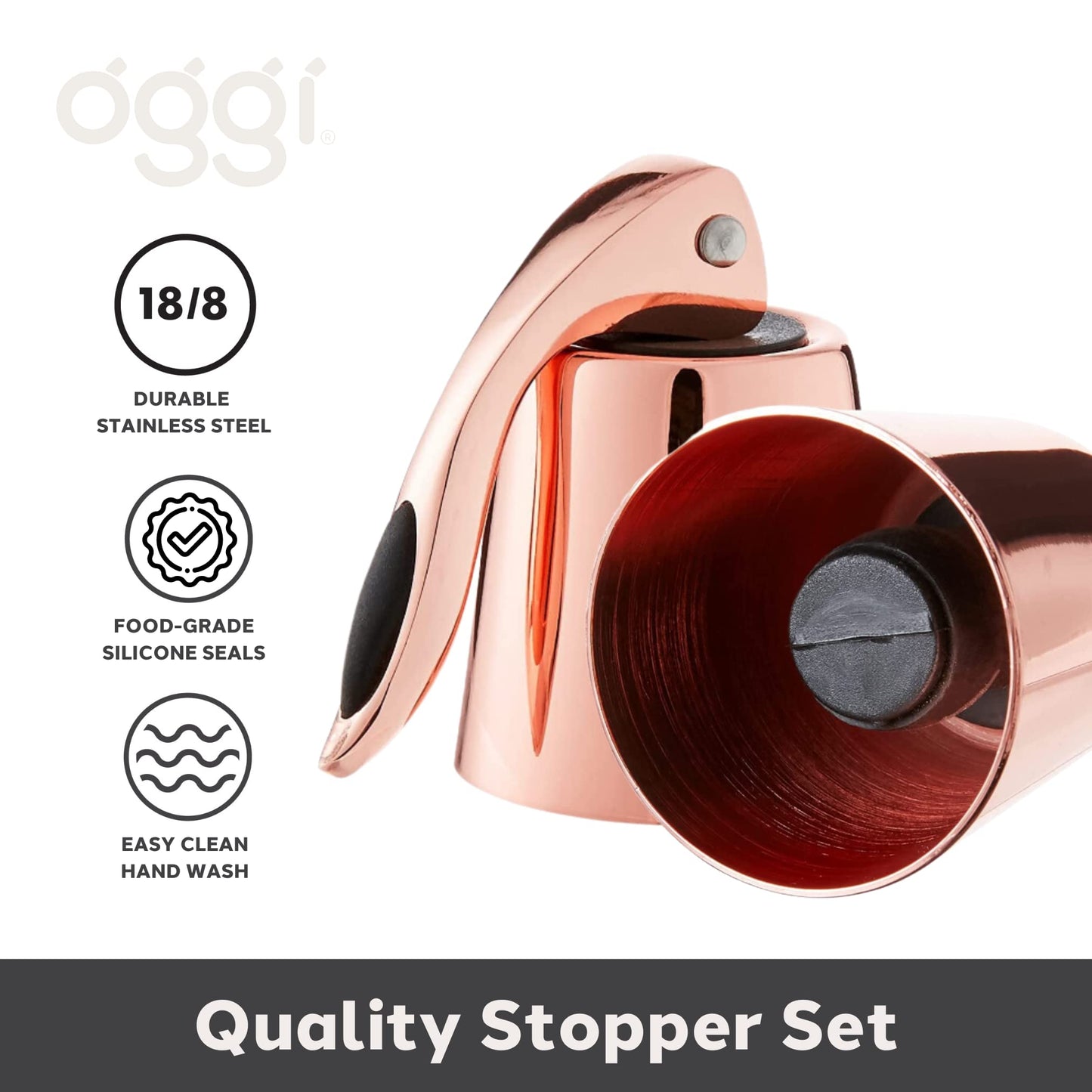OGGI Bottle Stopper Set of 2 - Copper Plated Wine Topper Set - Stylish Wine Saver Stoppers with Airtight Wine Sealer Levers, Copper Plated