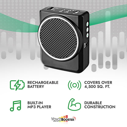 Voicebooster Portable Voice Amplifier for Teachers - 12W Rechargeable Portable Speaker with Microphone Headset for Classroom, Tour Guide, Public Speaking, Built-in MP3 Player & FM Radio - Black MR1700