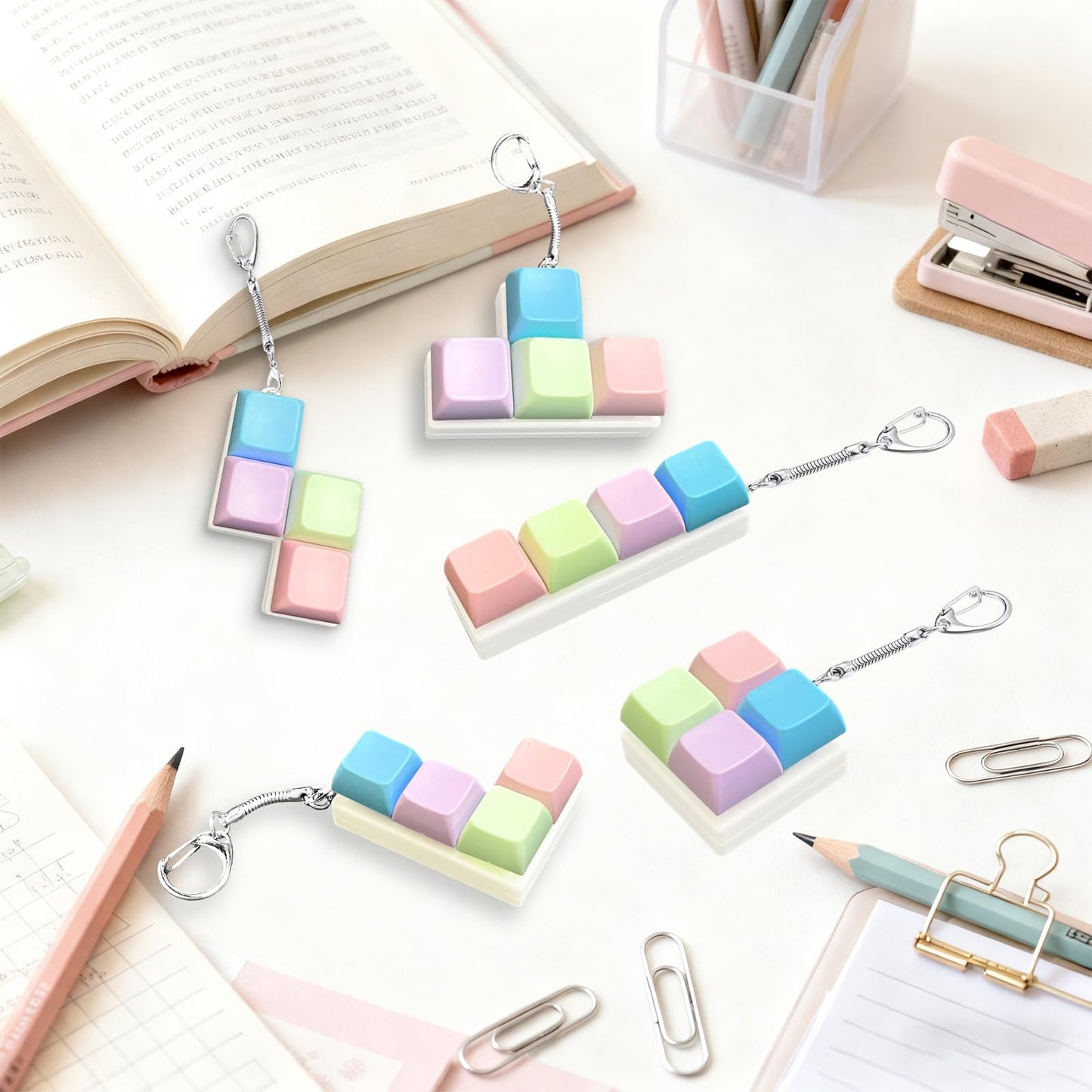 5 Pcs Keyboard Fidget Toy,Mechanical Key Board Button Clicker Keychain,Keycap Clicky Stress Relief Gift Office Toy to Pass The Time(Macaron Colors)