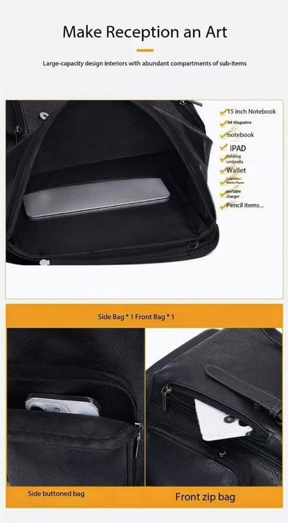 CYLYWJD Men's PU leather backpack, Vintage Flap Cover Daypack for Work Travel College, 15 Inch Laptop Rucksack (black3,Backpack)